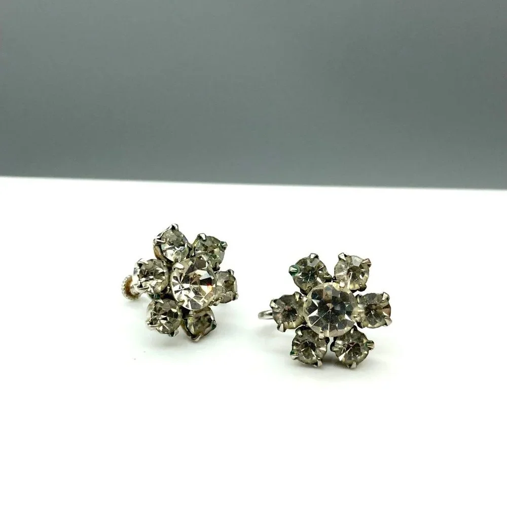 Vintage Clear Crystal Flower Earrings, Classic Silver Tone Screw Back with Prong - Picture 2 of 5